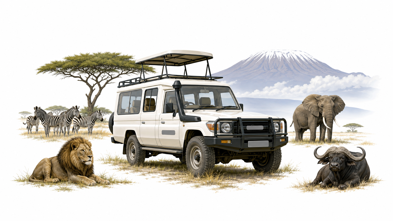 A safari vehicle with a pop-up roof parked on open grassland near zebras, with Kilimanjaro behind.