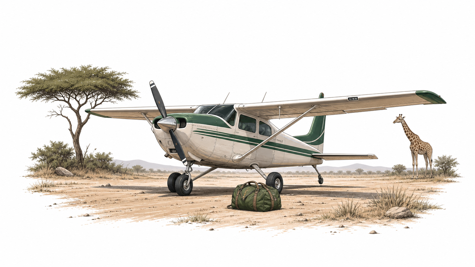 A light aircraft on a dirt airstrip with a soft duffel bag and a giraffe nearby.