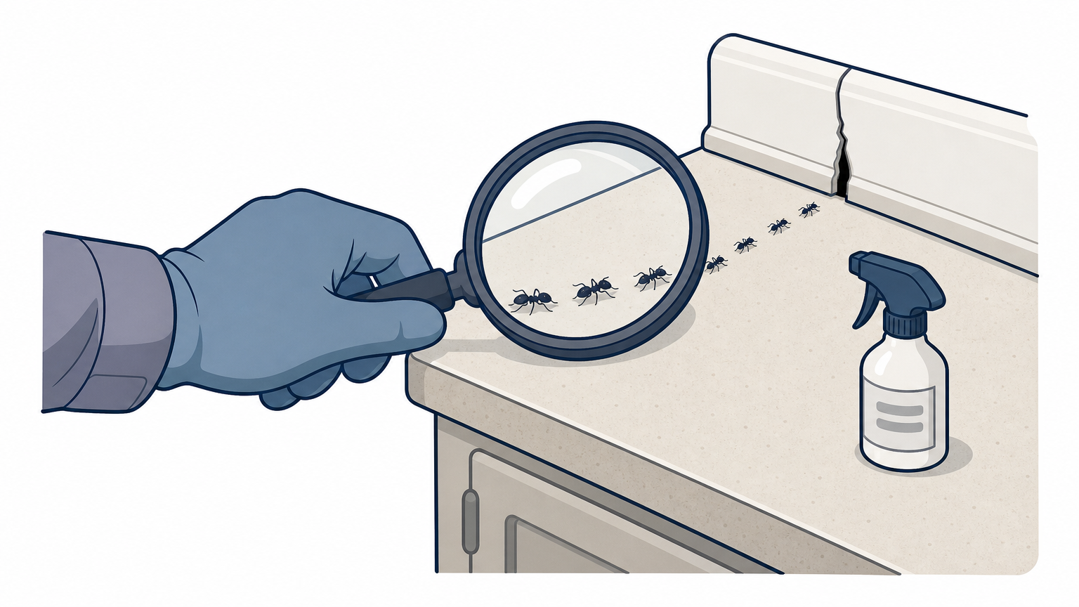 Gloved hand holding a magnifying glass over ants on a kitchen counter next to a spray bottle.