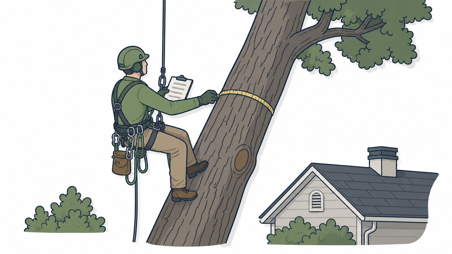 An arborist in a harness inspects the trunk of a tall leaning oak beside a house.