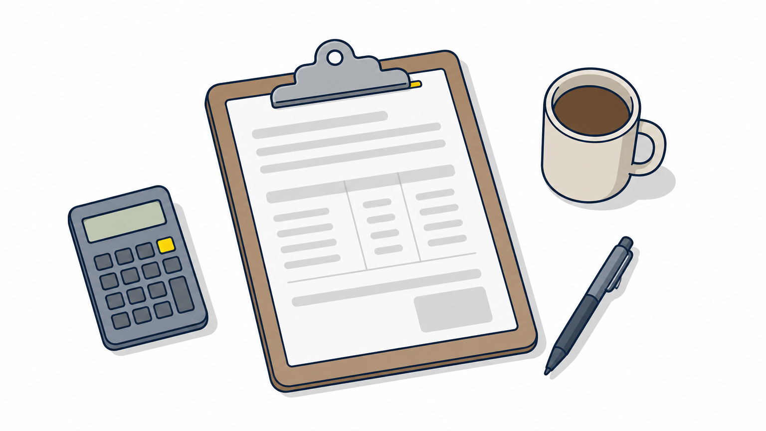 Clipboard with an estimate sheet on a kitchen table beside a pen, calculator, and coffee mug.