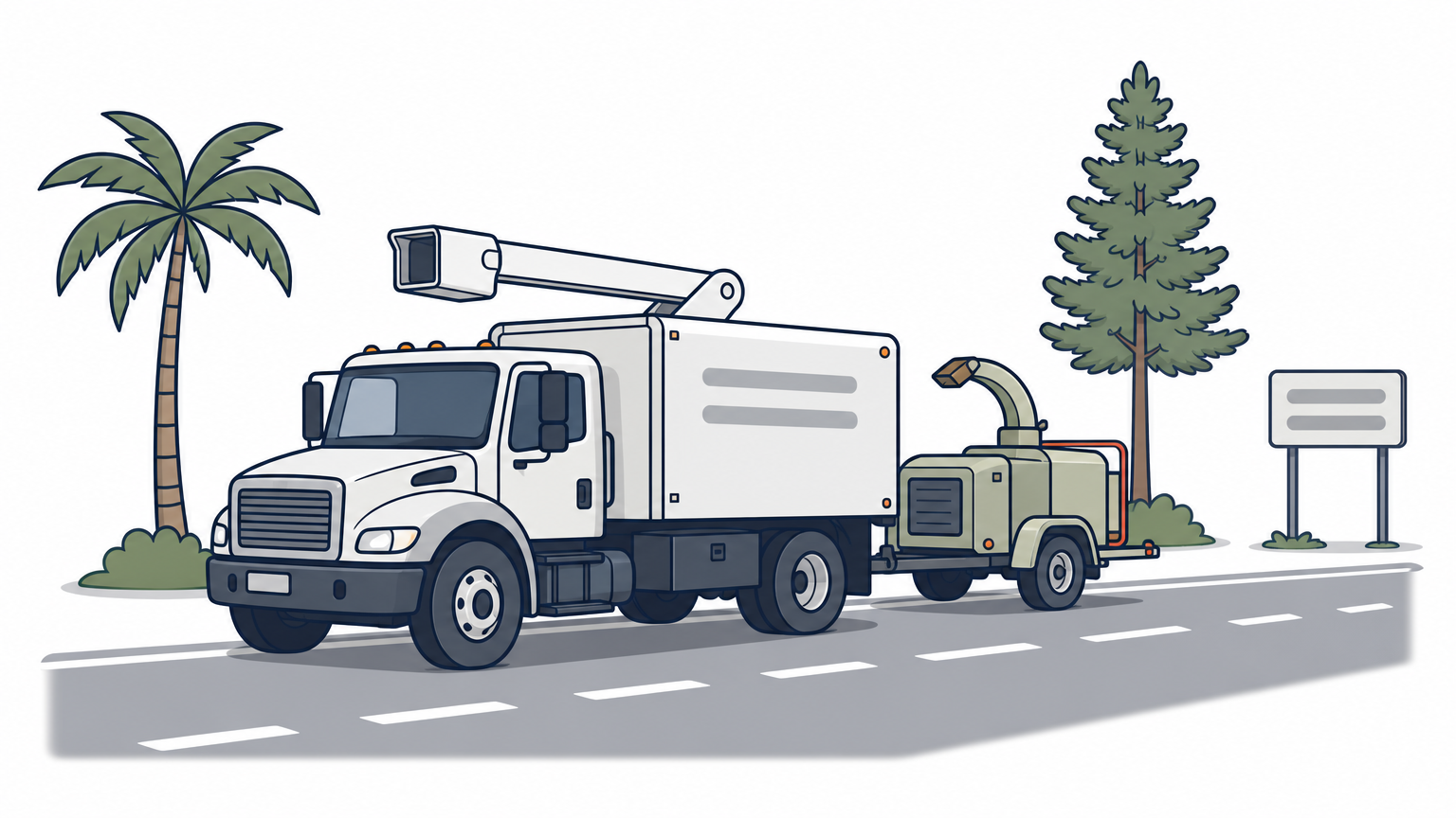 A tree service truck with a chipper on a long highway beside a palm and a pine.