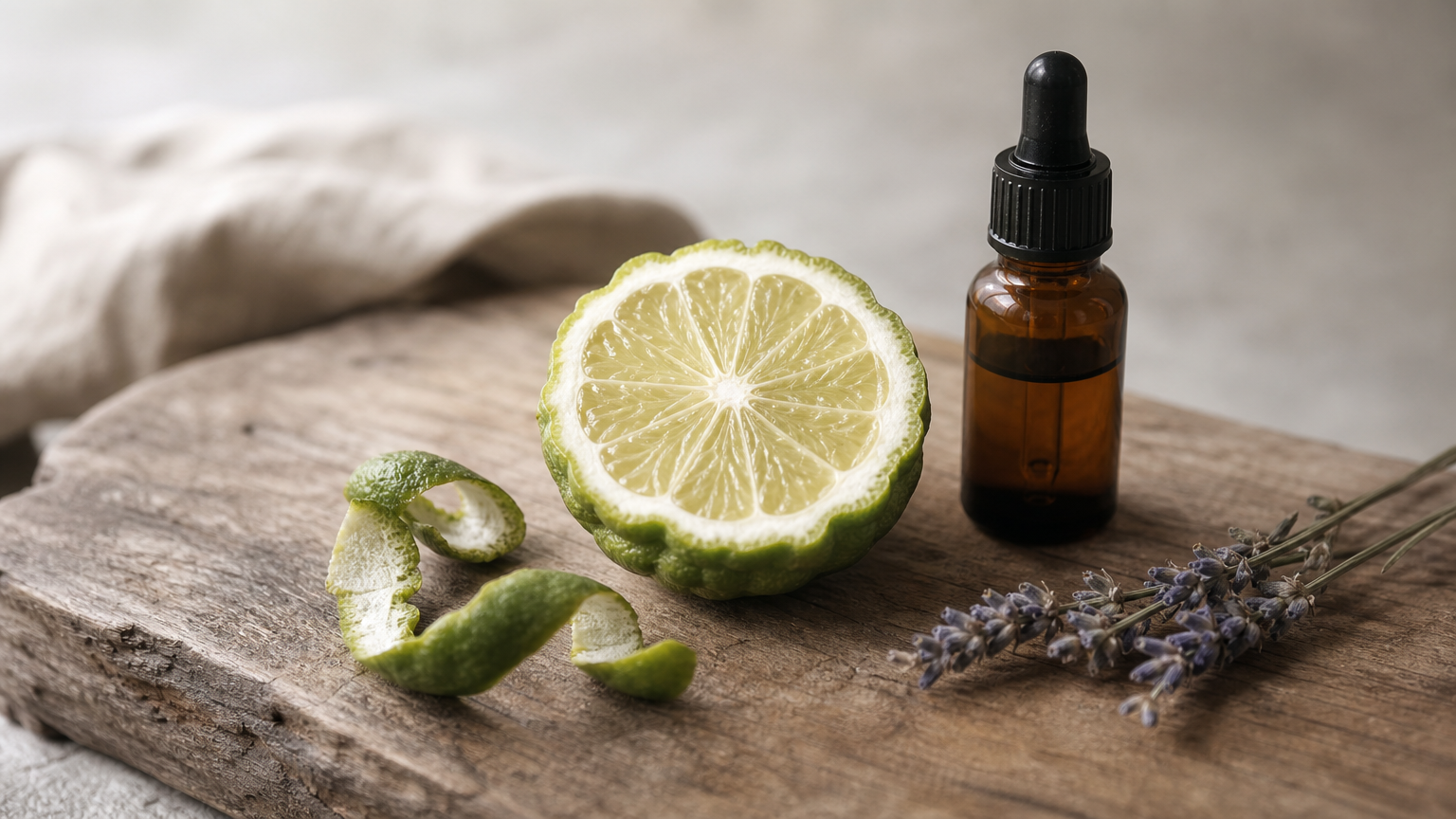 Halved bergamot fruit with peel curls, an amber dropper bottle, and a lavender sprig on a wooden board.