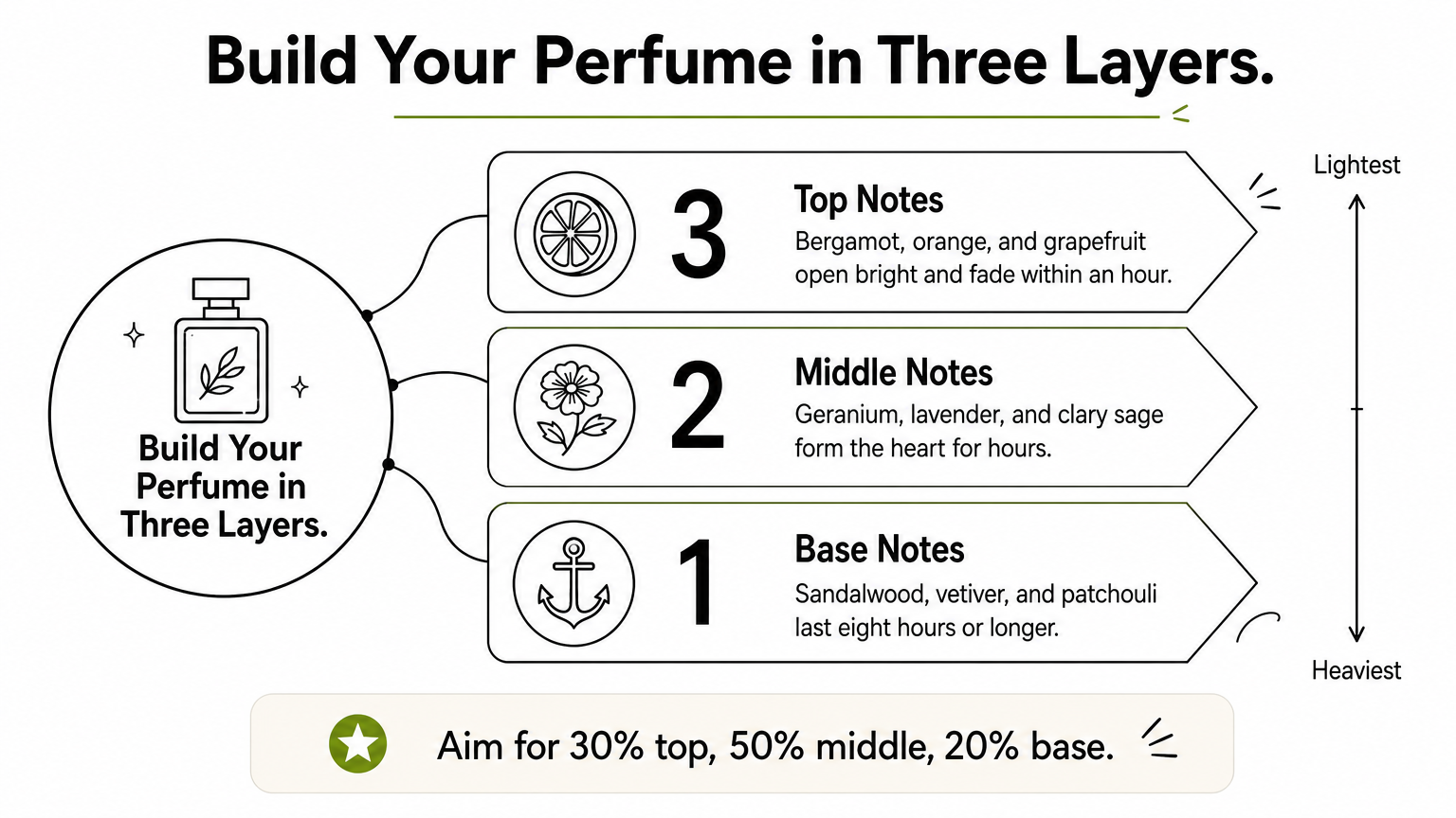 Ladder infographic showing base, middle, and top perfume notes with example oils and the 30/50/20 ratio.