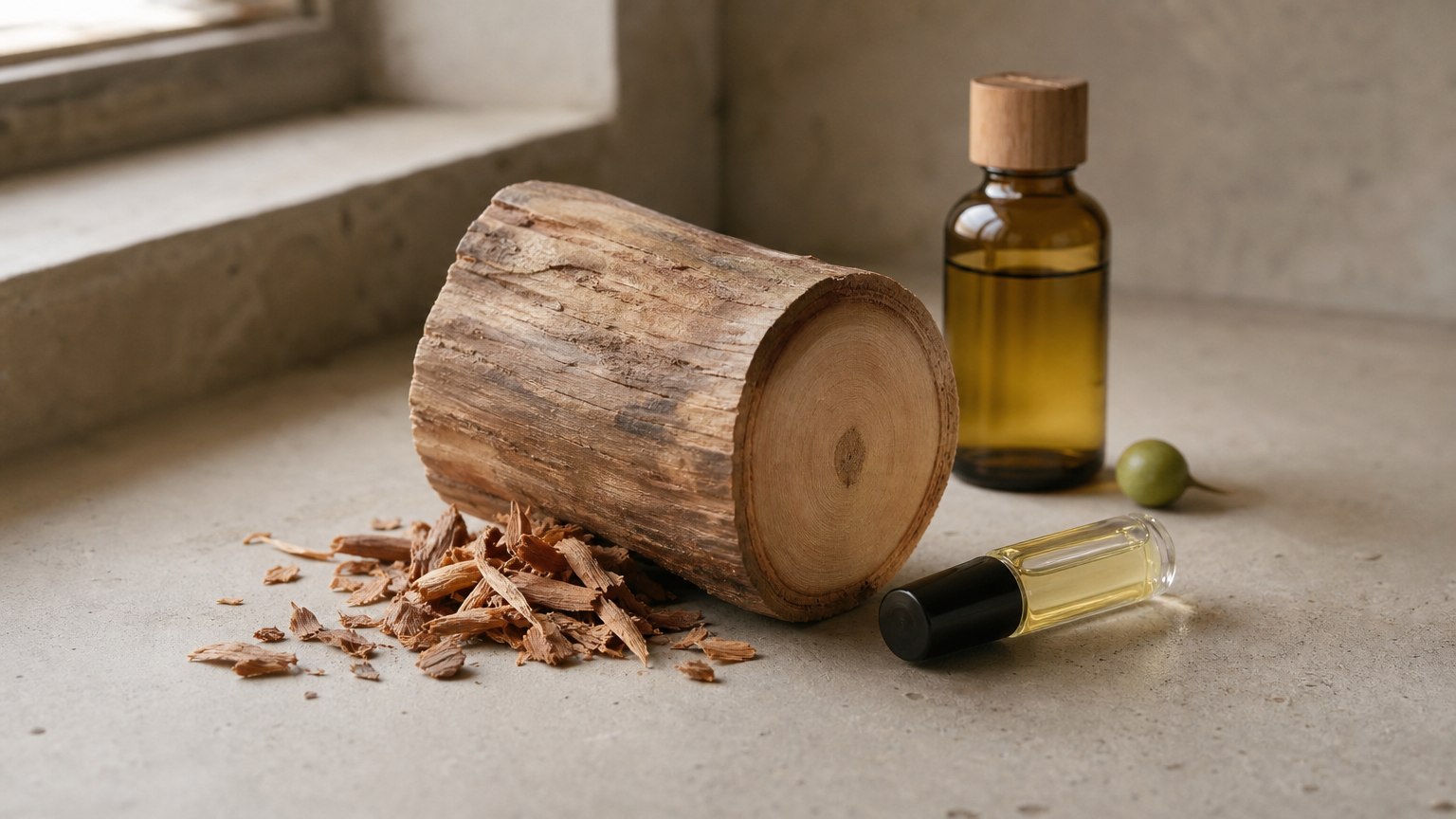 Sandalwood log with shavings, a glass roller bottle, and a jojoba oil bottle on a table.