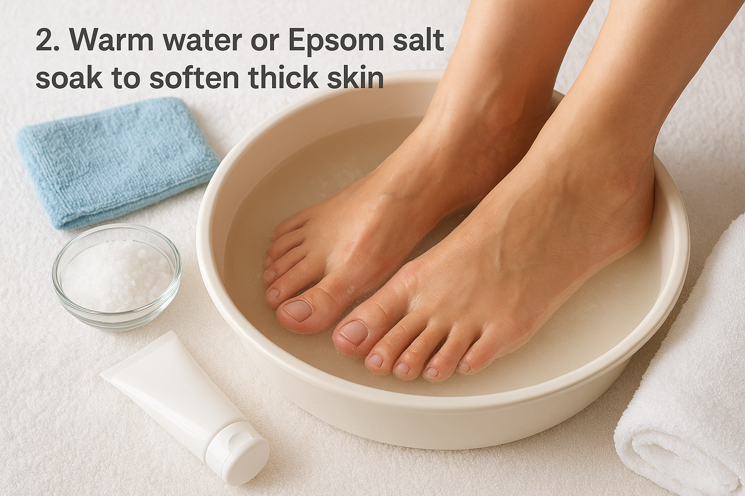 2. Warm water or Epsom salt soak to soften thick skin