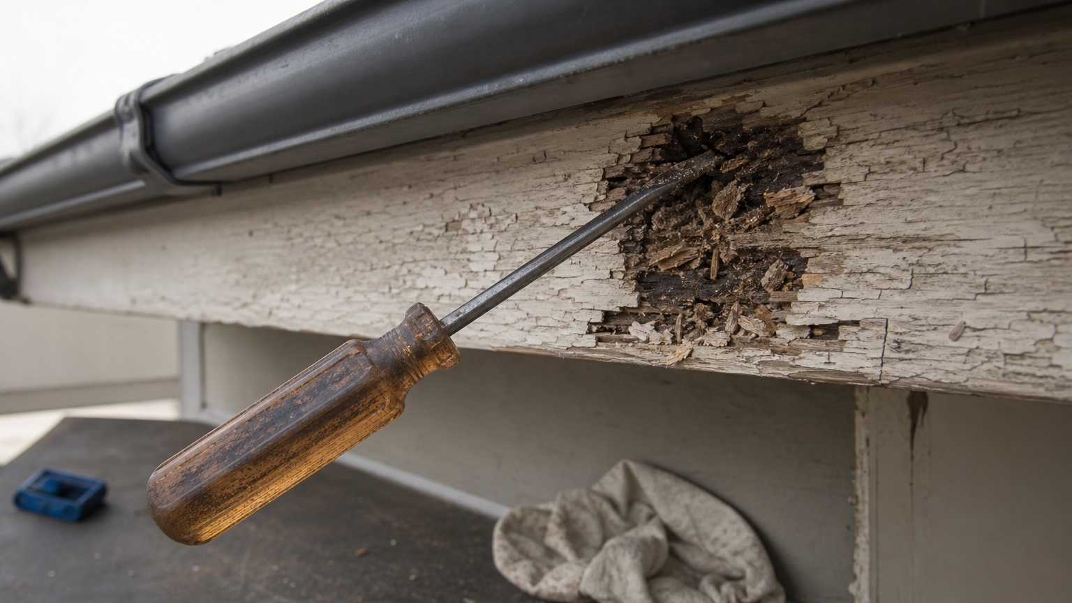 A screwdriver sinking into a soft, rotted fascia board behind a gutter.