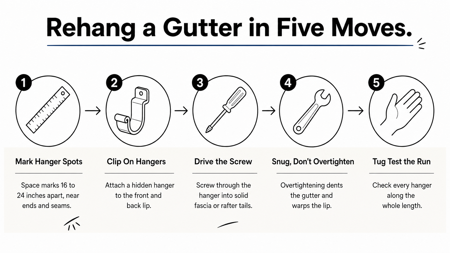 Five-step process diagram showing how to rehang a gutter with hidden hangers.