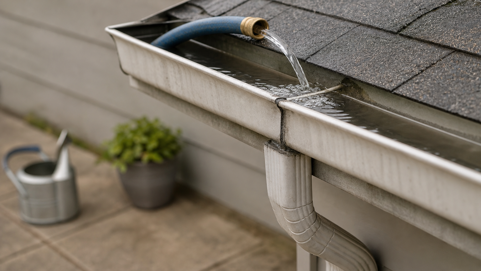 Water from a garden hose flowing along a gutter toward the downspout.