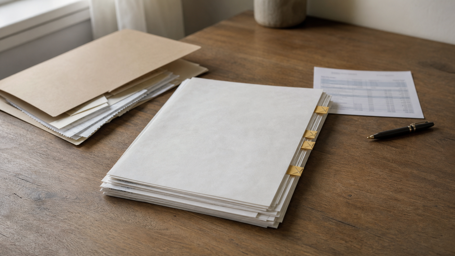 A legal notice with sticky tabs on a desk beside receipts, a bank statement, and a pen.