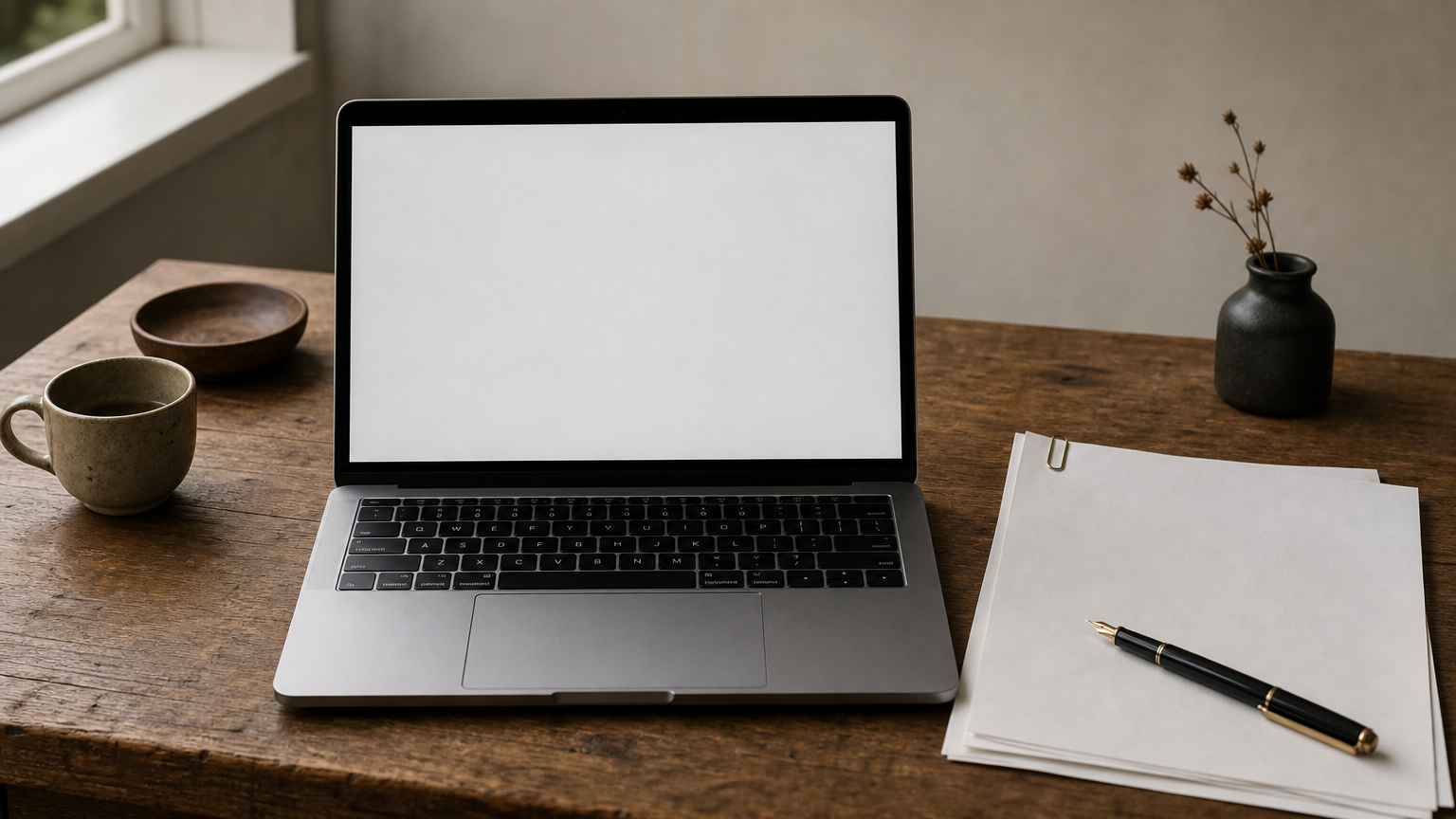 A laptop showing a blank document next to a printed two-page letter and a fountain pen.