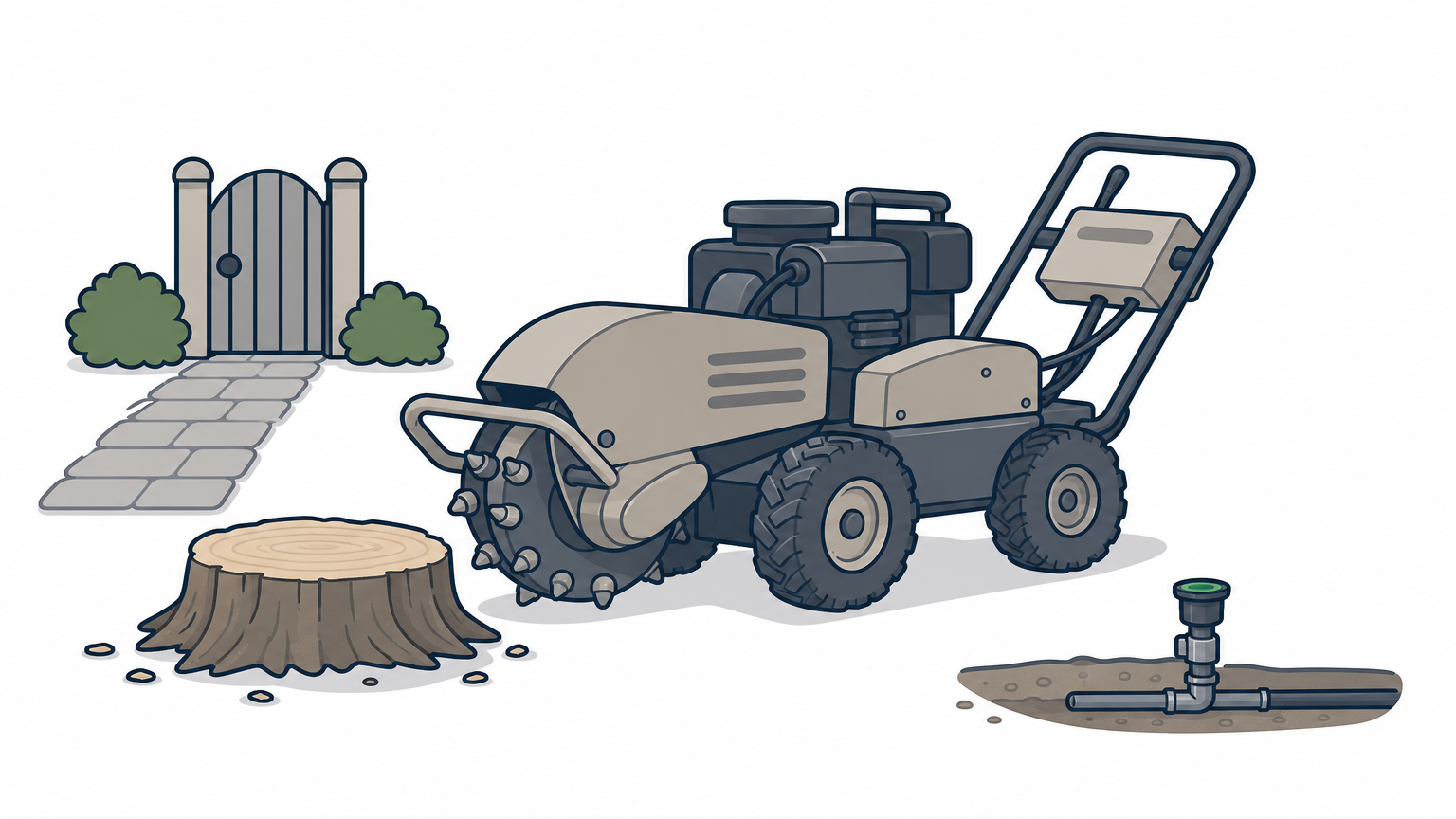 A stump grinder beside a cut stump near a narrow gate, pavers, and a sprinkler line.