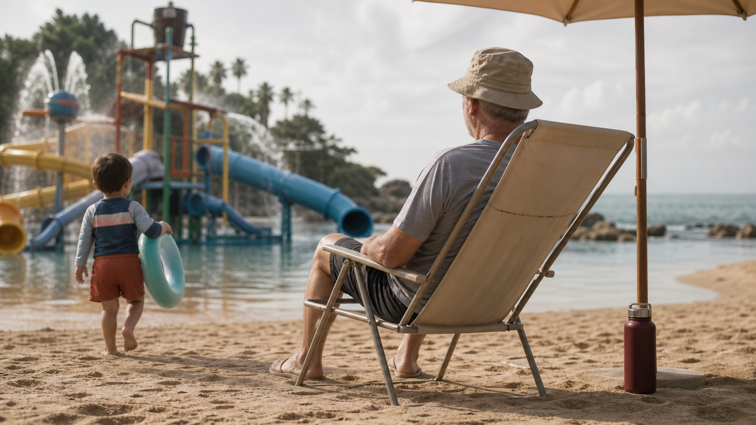 Beachfront resort water park with slides, a grandparent resting in a beach chair and a child with a float.