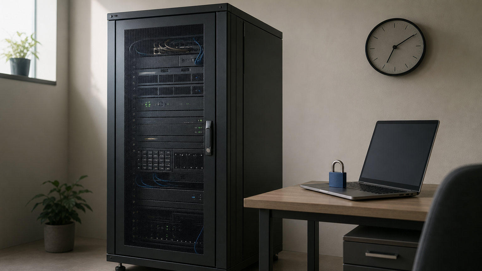 Laptop with a padlock on the keyboard beside a server rack and a wall clock.