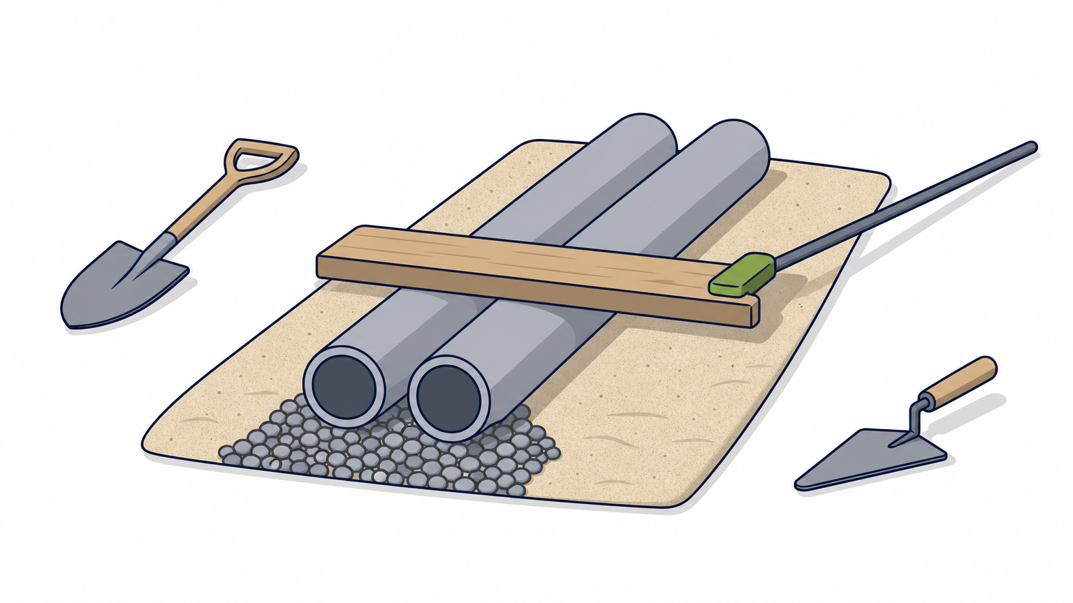 A 2x4 board drawn across two pipes to level a bed of sand on gravel.