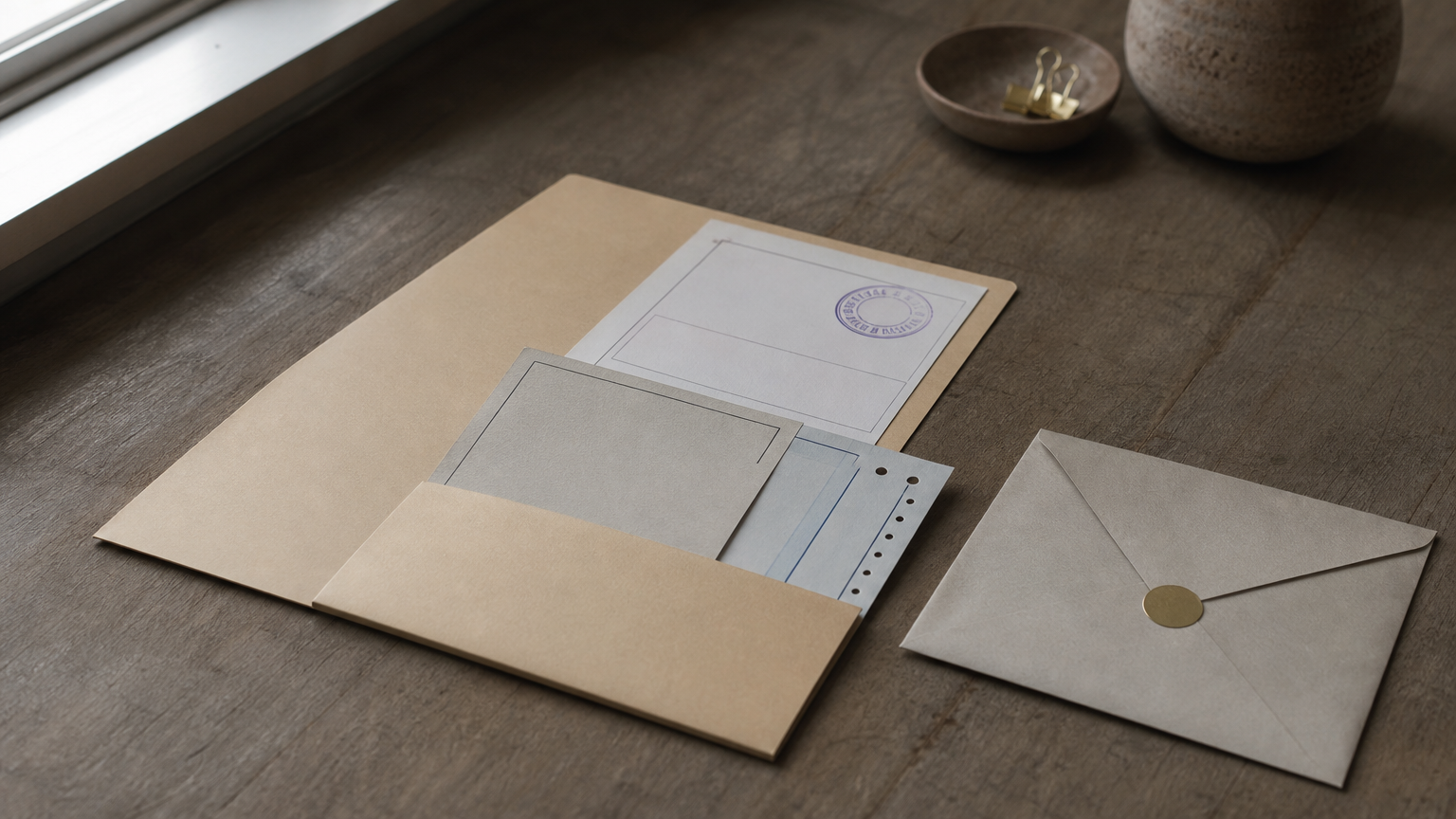 An open folder with a postal receipt, acknowledgment card, and courier slip next to a sealed envelope.