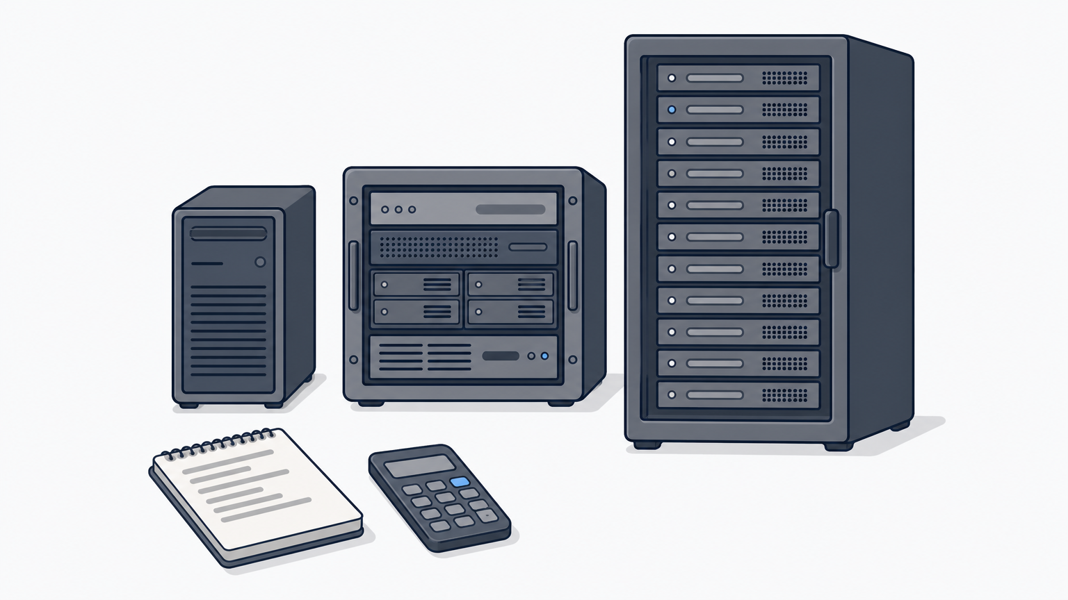 Ein kleiner Tower, ein Rack-Server und ein hoher Serverschrank nebeneinander, davor Notizblock und Taschenrechner.