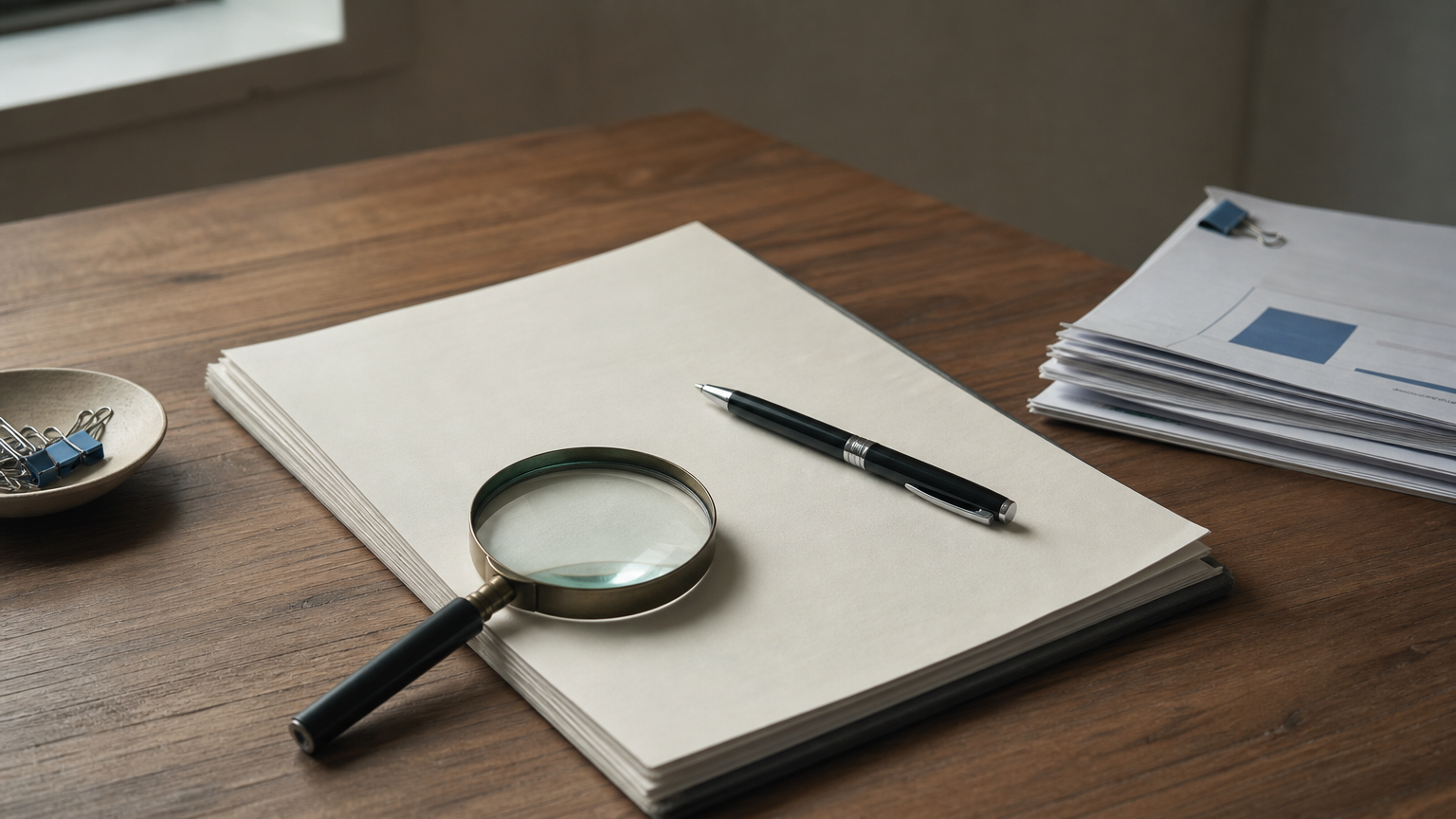 Contract on a desk with a magnifying glass over one clause, a pen and printed reports.