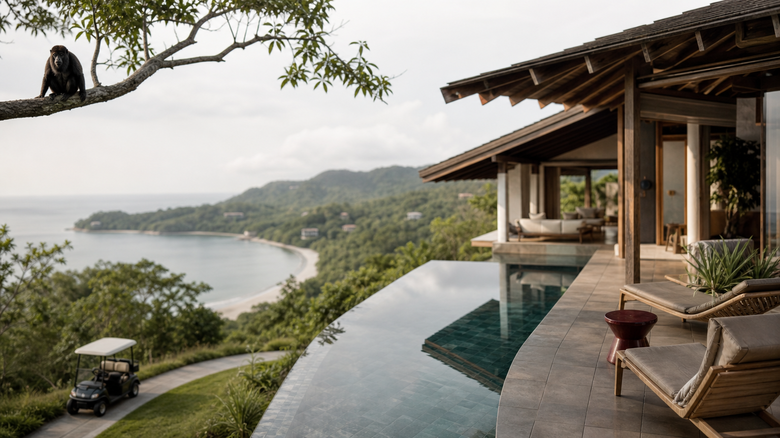 Hillside villa with a pool overlooking a bay, a monkey on a branch and a golf cart.