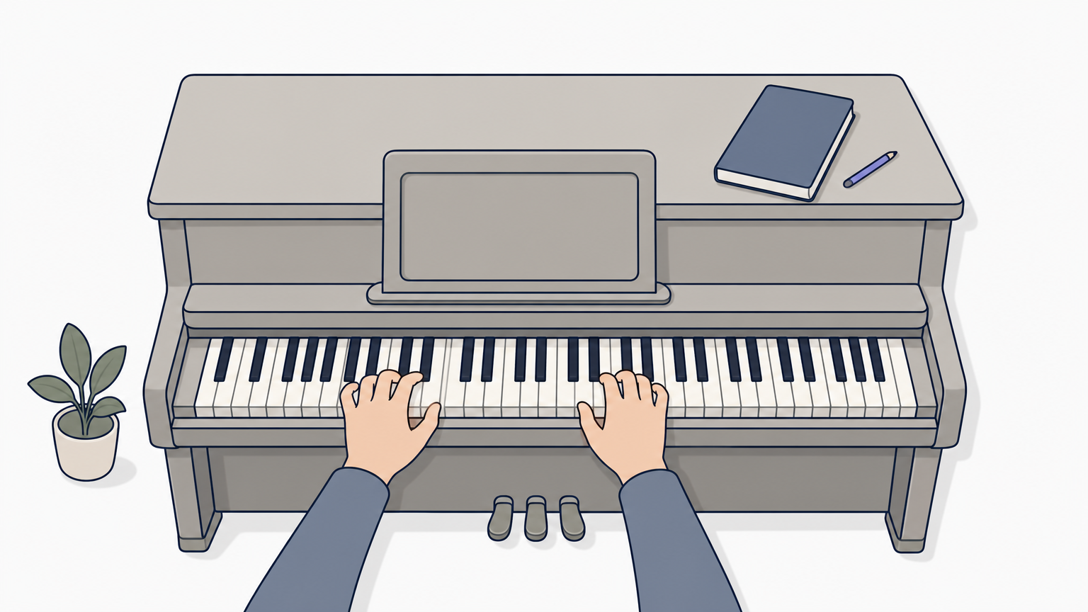 Hands playing a piano with an empty music stand while the score book lies closed nearby.