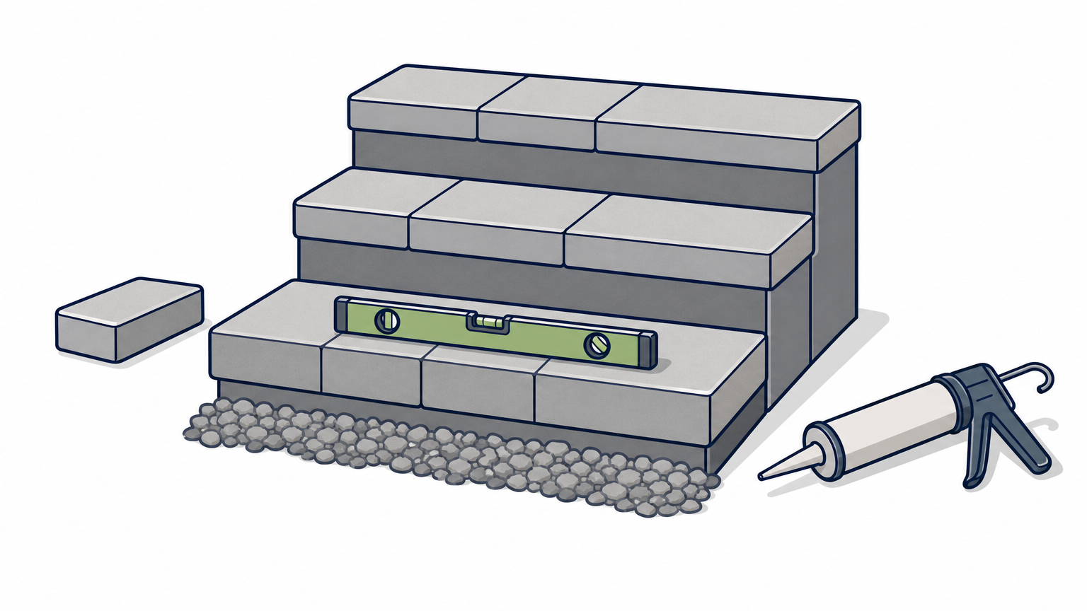Partly built paver steps with a level on a tread and an adhesive tube nearby.