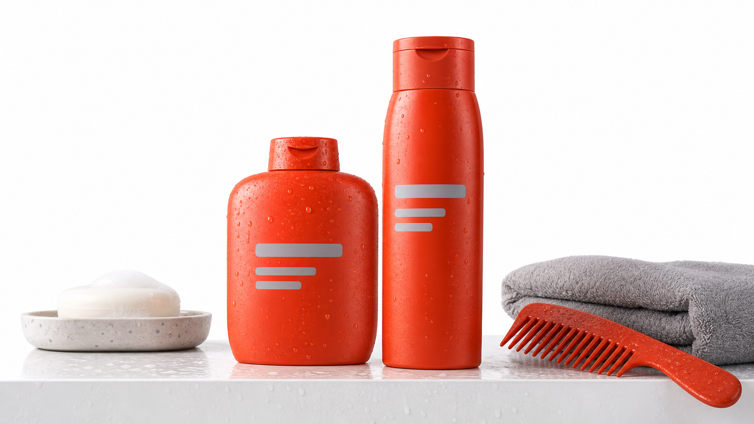 Two different shampoo bottles on a shower ledge with a comb and folded towel.