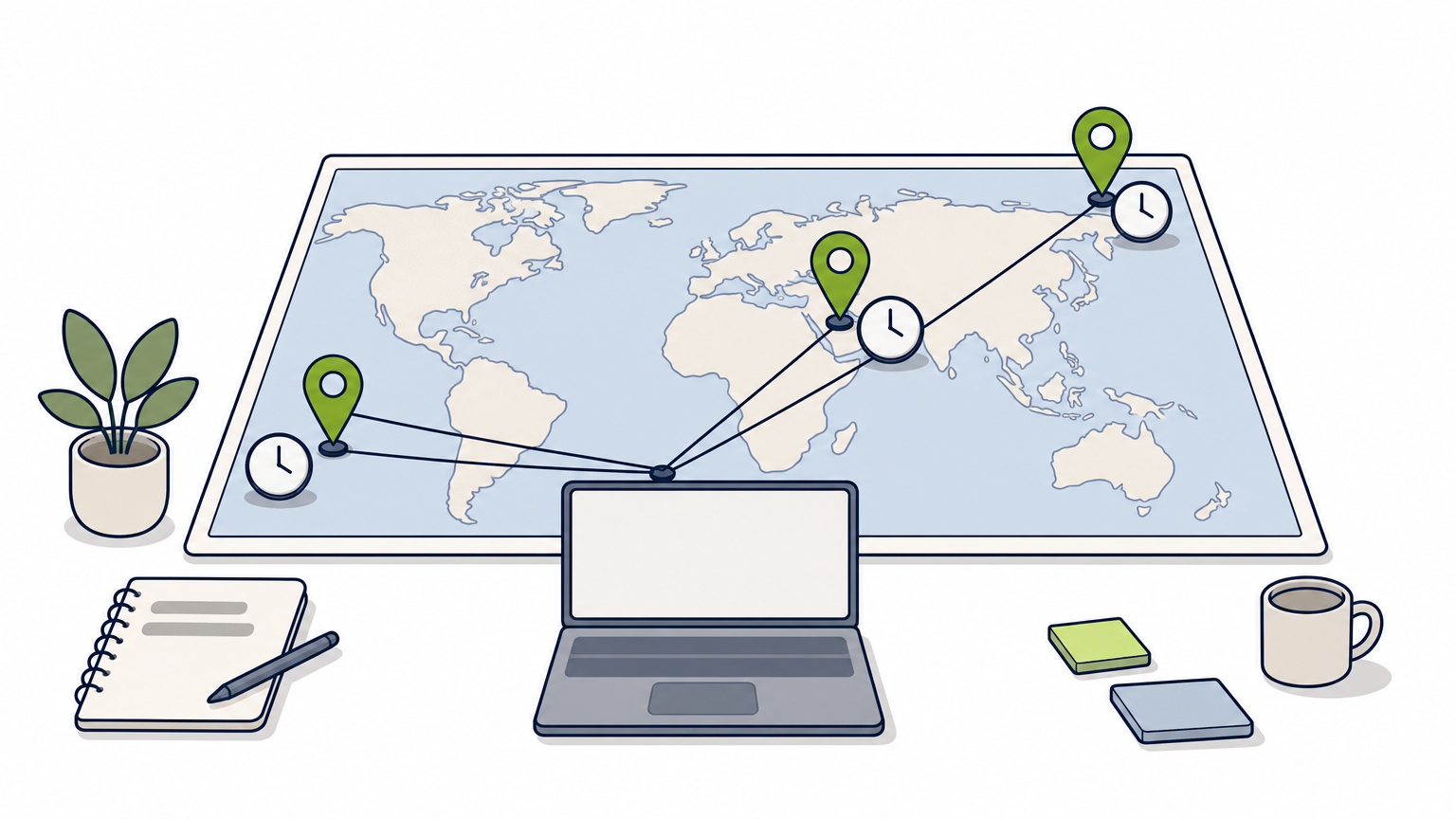 Map with pins at three distances from an office laptop, connected by strings, each with a small clock.