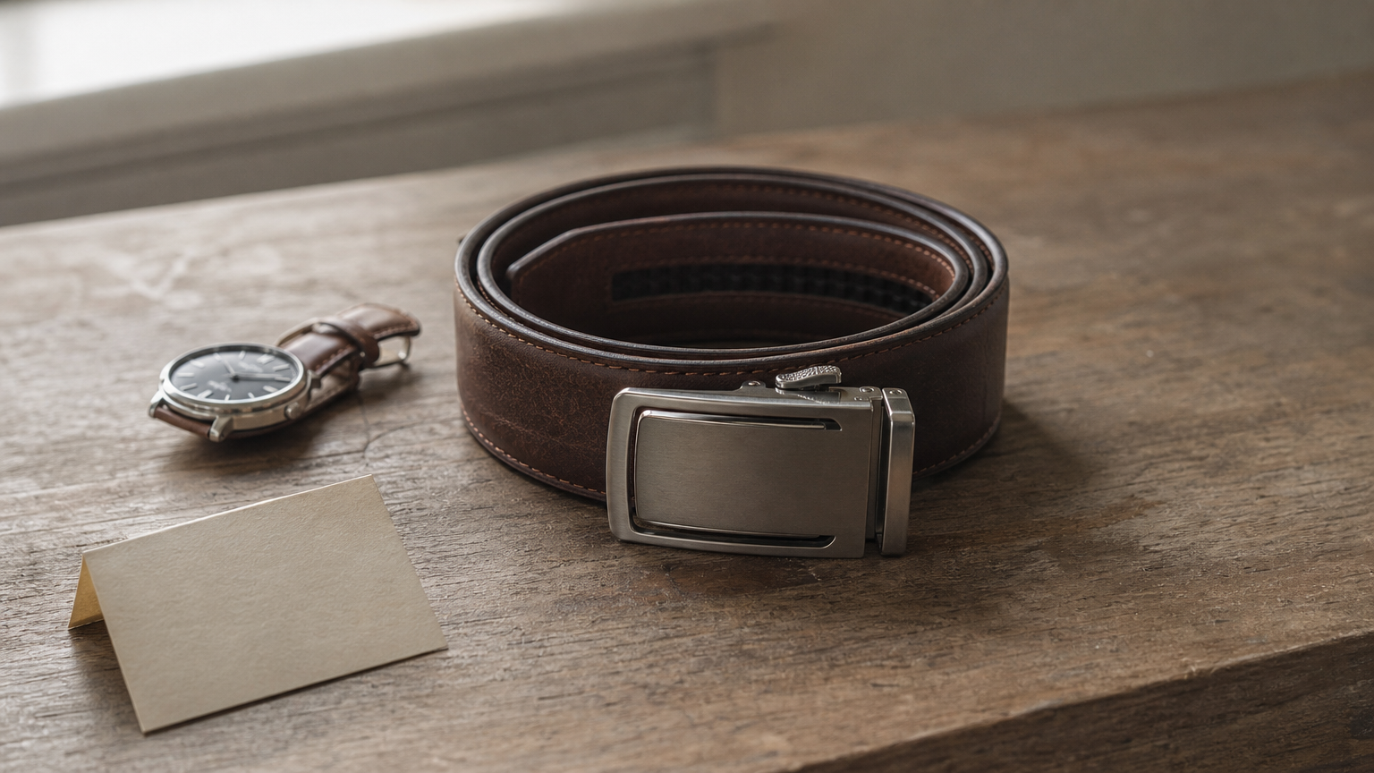 Ceinture en cuir enroulée avec sa boucle, une carte pliée et une montre sur une table.