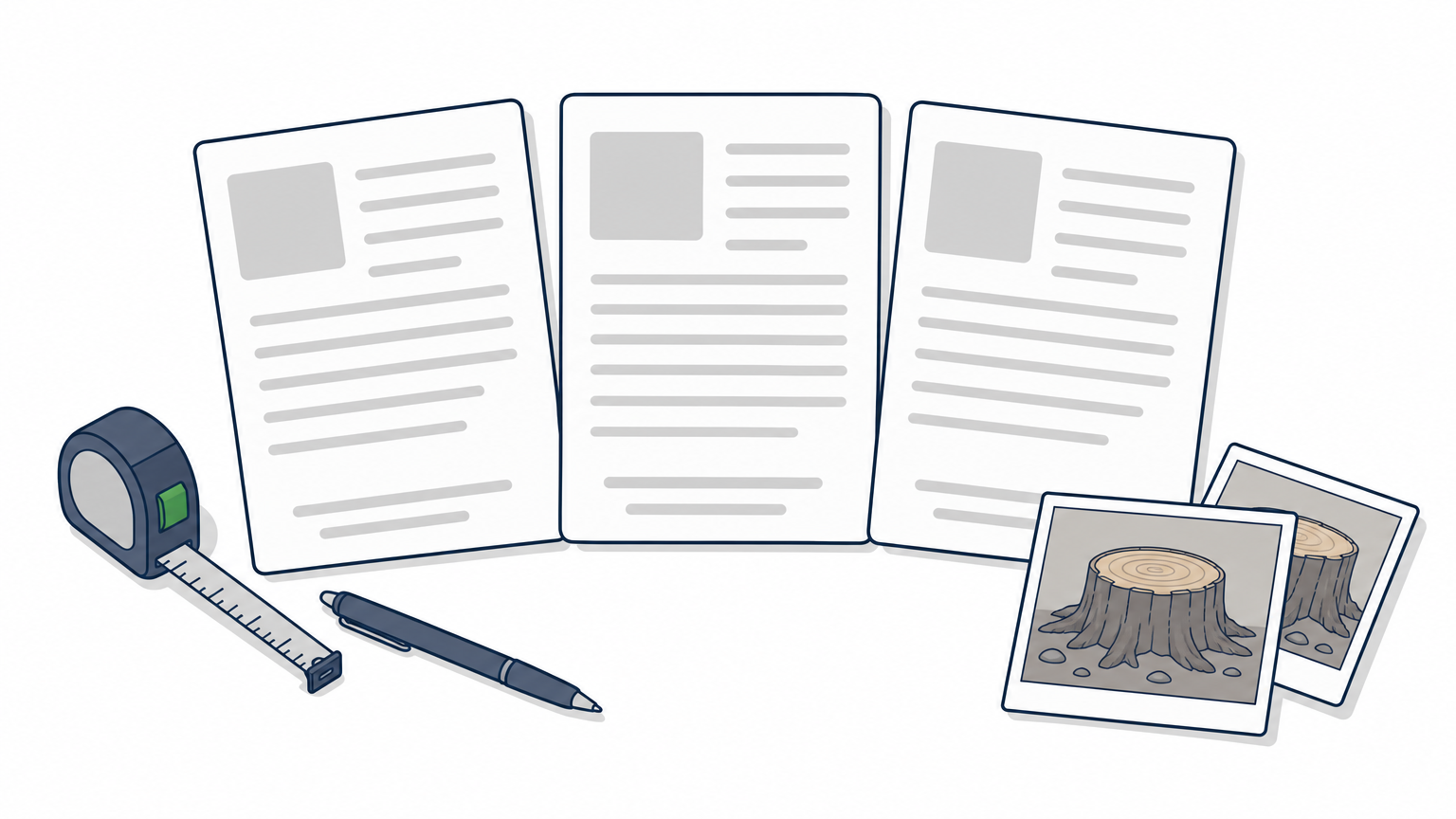 Three quote sheets on a table with a tape measure, pen, and stump photos.