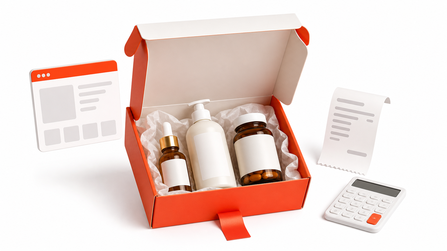 An open kit box with a serum, shampoo, and vitamin jar beside a receipt and calculator.