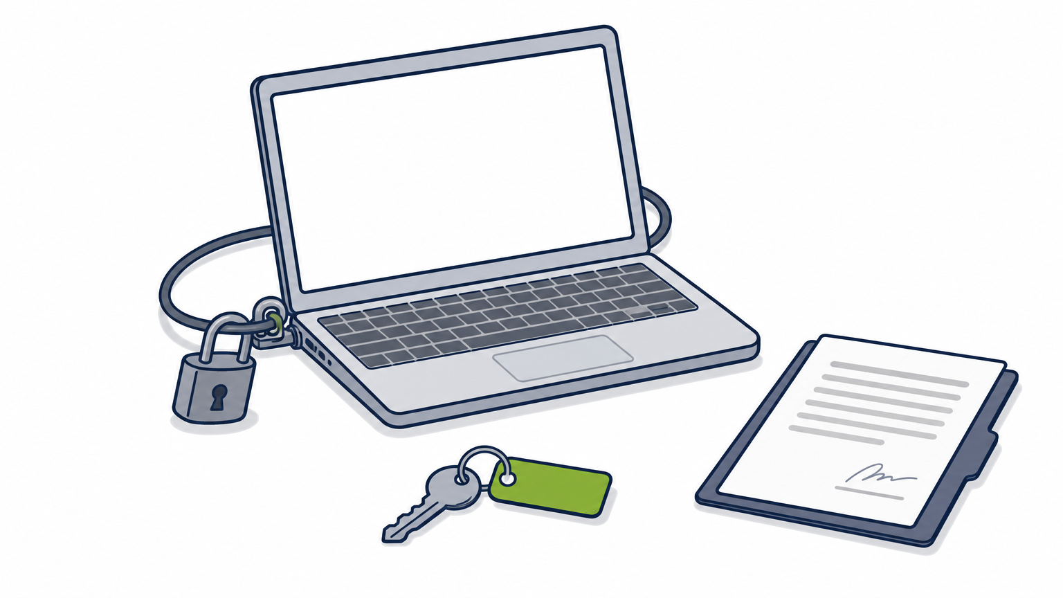 Laptop locked with a cable beside a tagged key and a signed document folder.