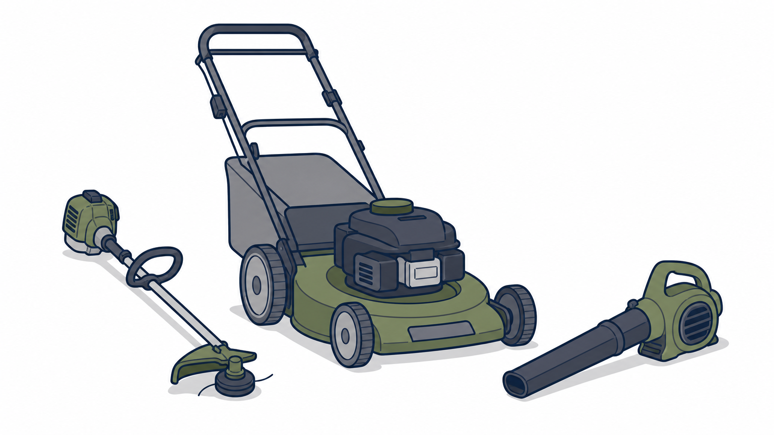 Push mower, string trimmer, and leaf blower on a freshly cut lawn beside a driveway.