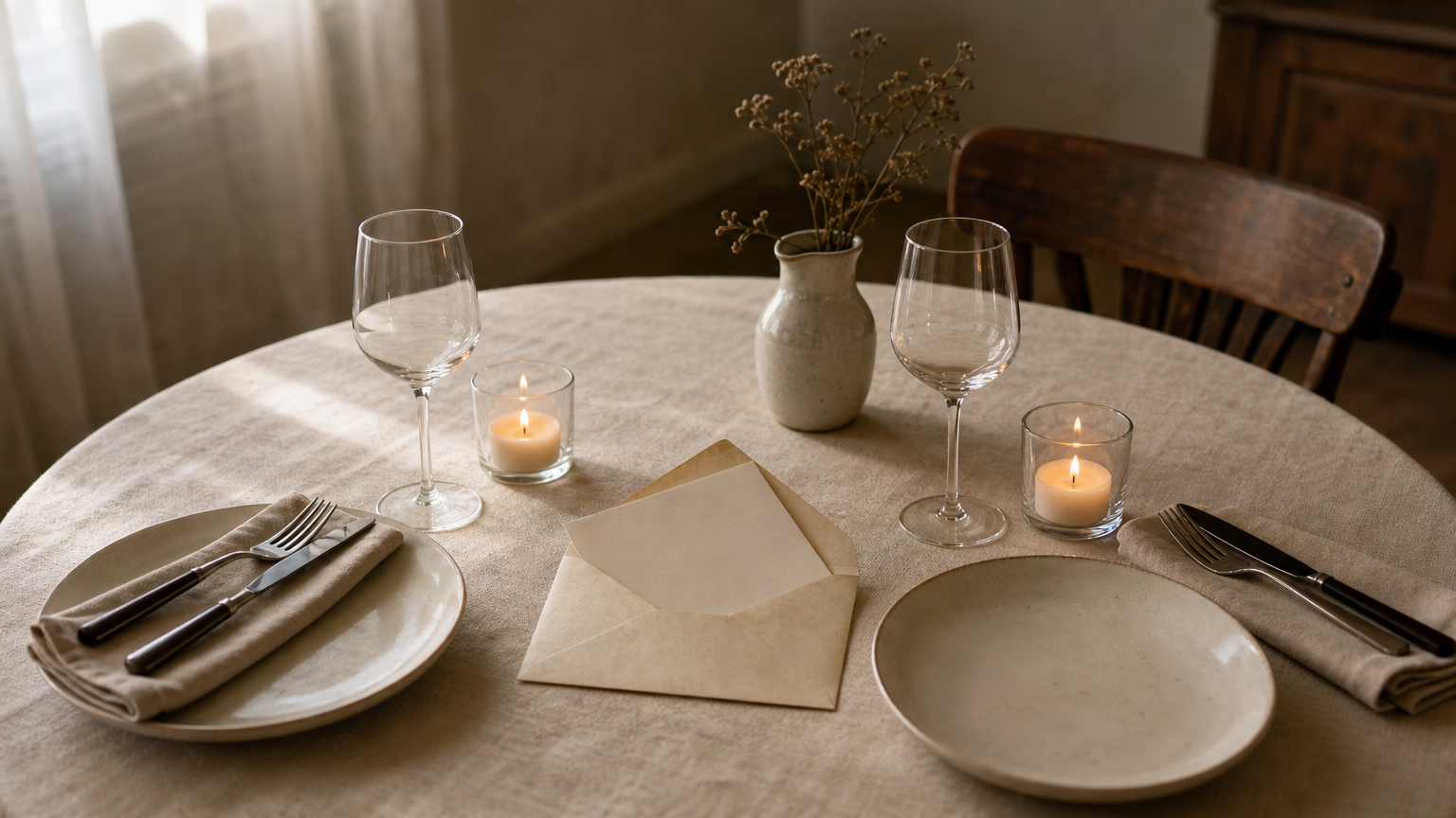 Table dressée pour deux avec bougies et lettre manuscrite posée entre les assiettes.