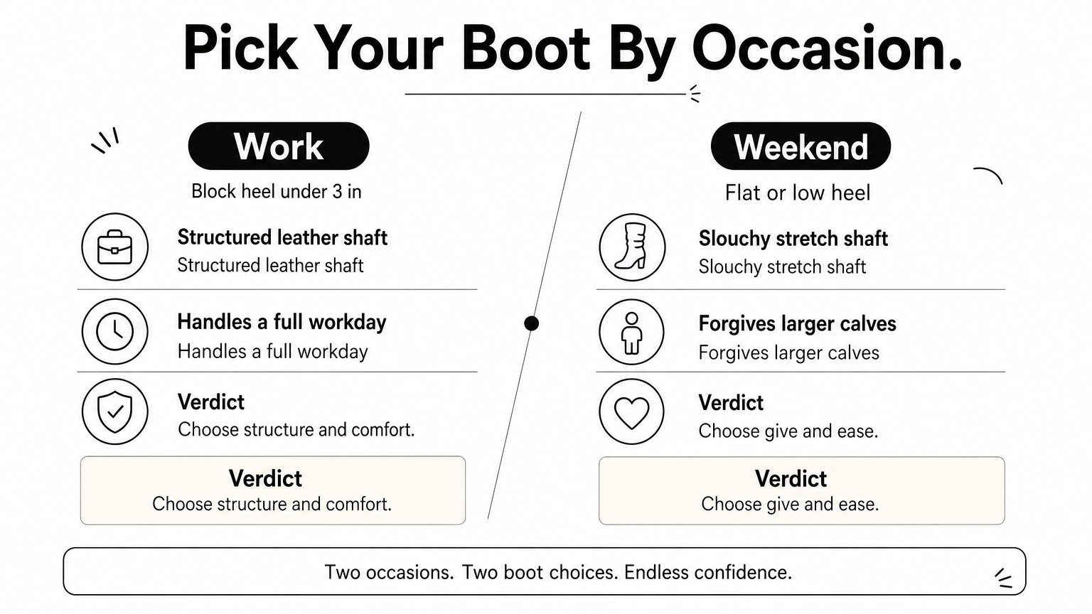 Comparison graphic of work boots with structured leather and weekend boots with slouchy stretch shafts.