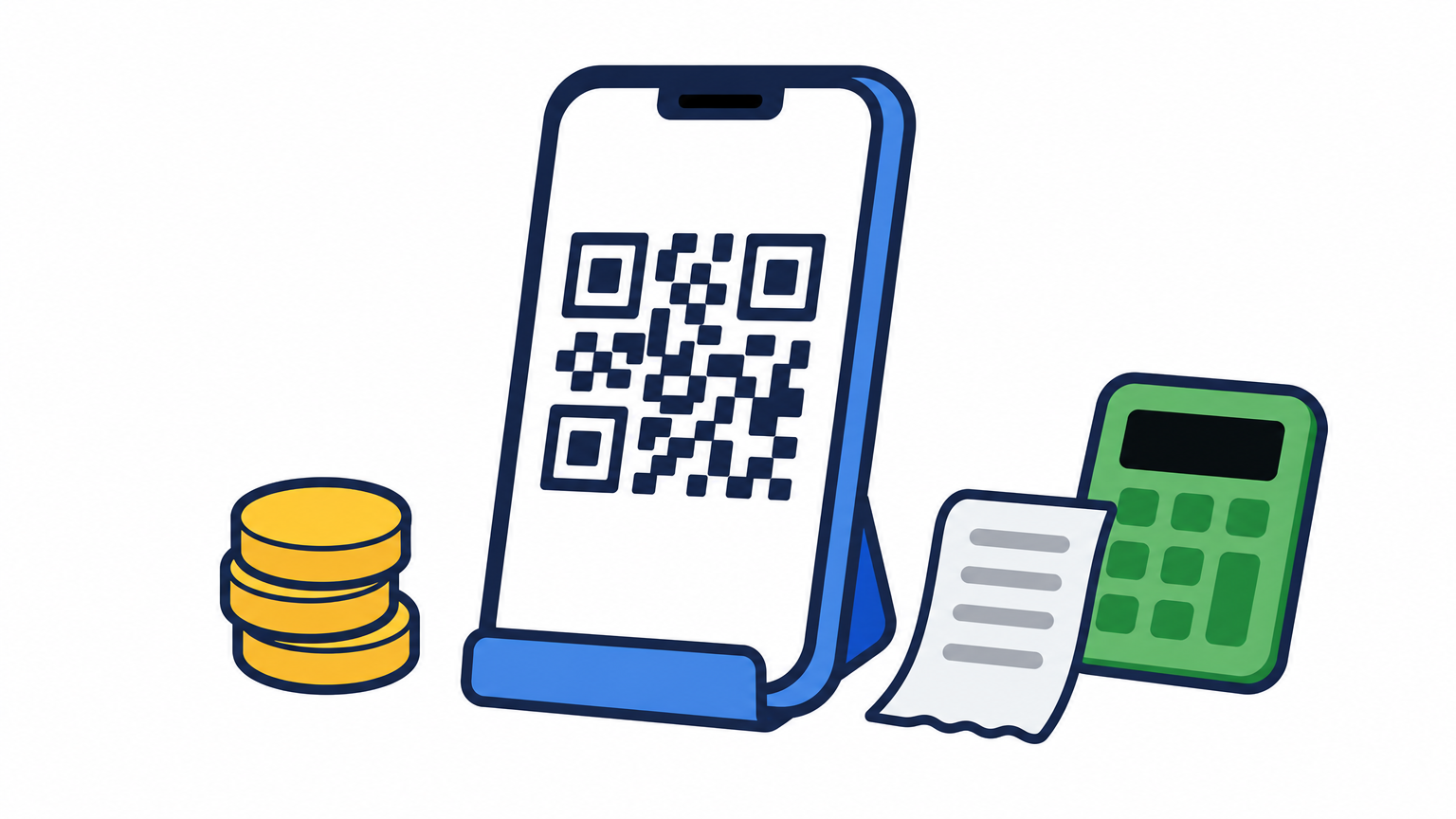 Smartphone with a QR code on a shop counter beside coins, a receipt, and a calculator.