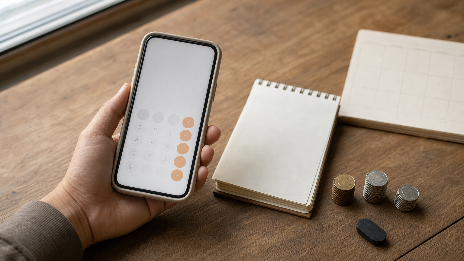 Phone calculator and notepad with coin stacks and a calendar page, used to work out monthly cost.