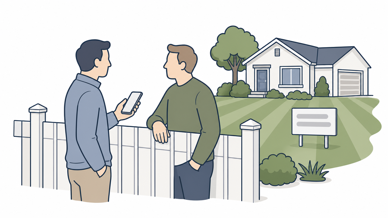 Two neighbors chat over a fence while one holds a phone, with a mowed lawn behind them.