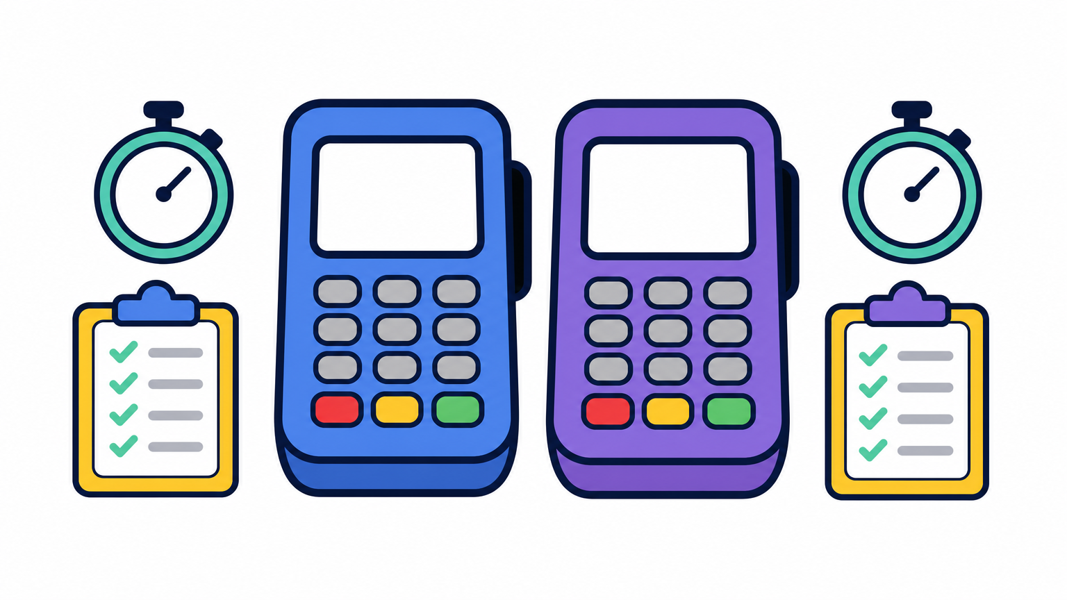 Two payment terminals on a desk with a stopwatch and clipboard checklists beside them.