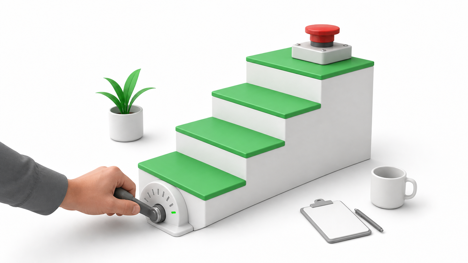 Four-step staircase with a control dial at the bottom and a kill switch at the top.