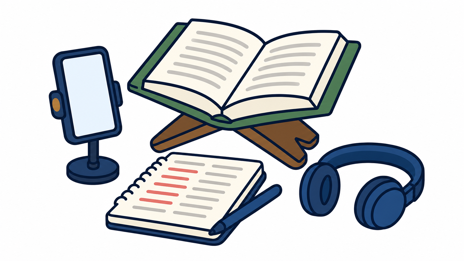 Desk with a phone on a stand, marked Quran, notebook and headphones set up for recitation practice.