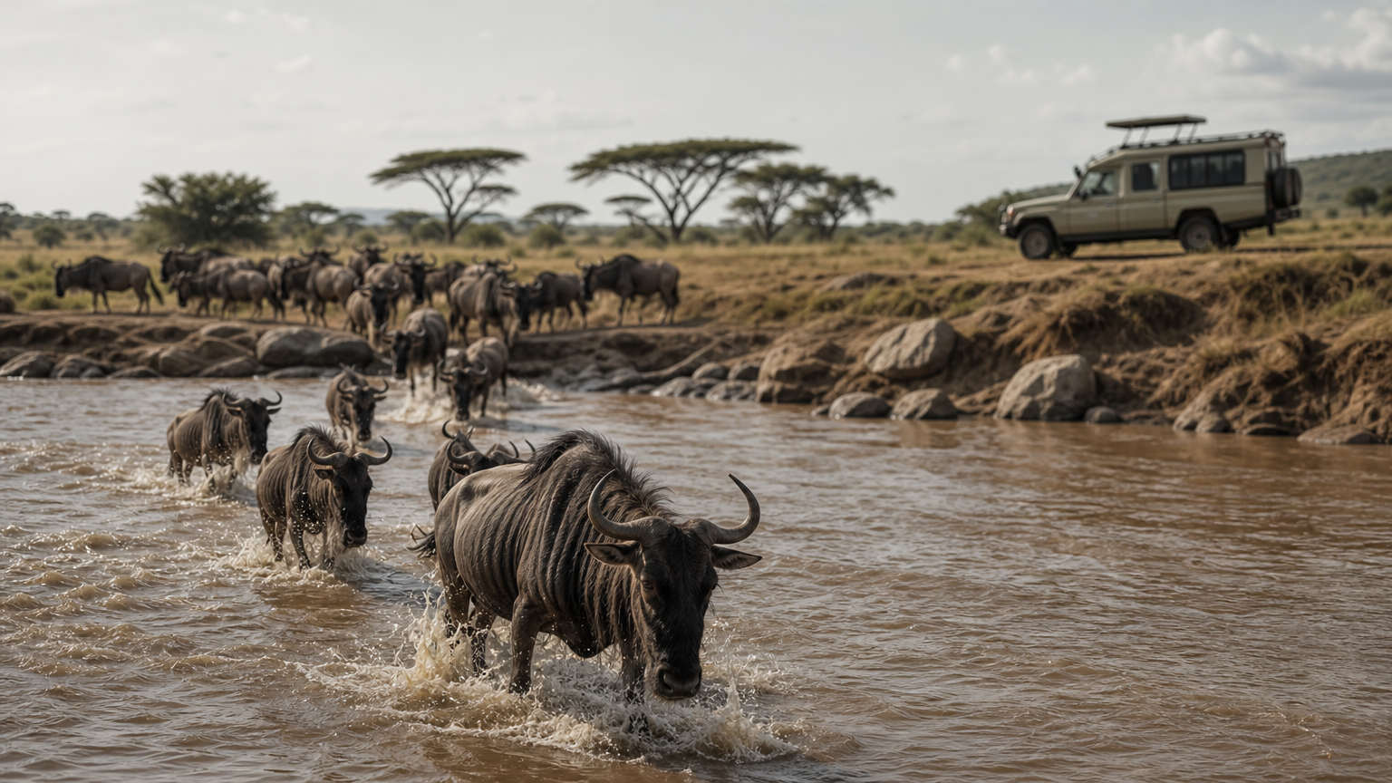 Wildebeest crossing a river while a safari vehicle waits on the bank.