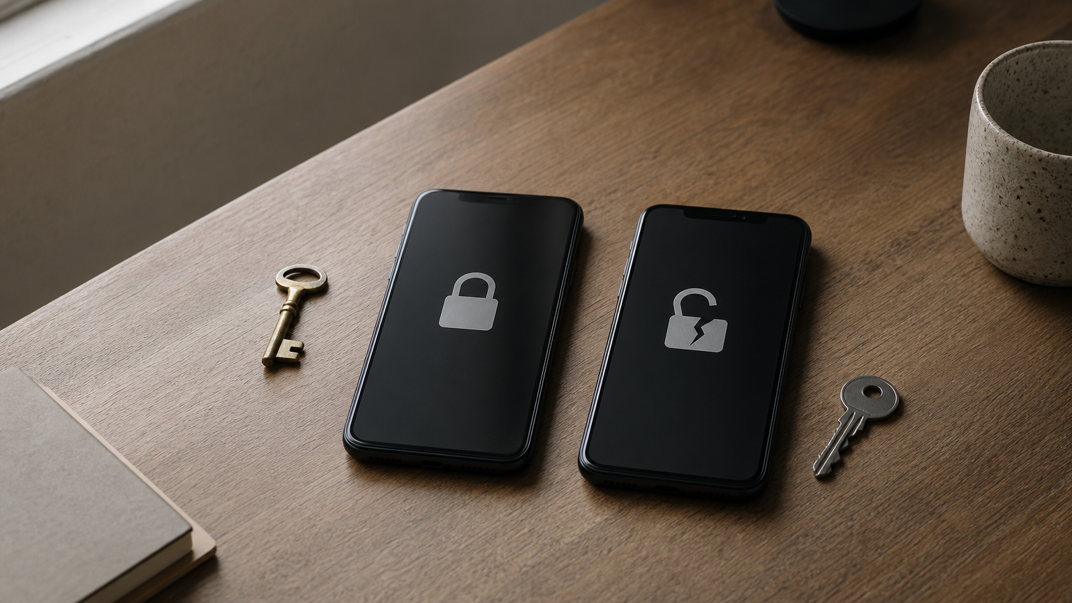 Two phones side by side, one with a closed padlock and one with a broken padlock.
