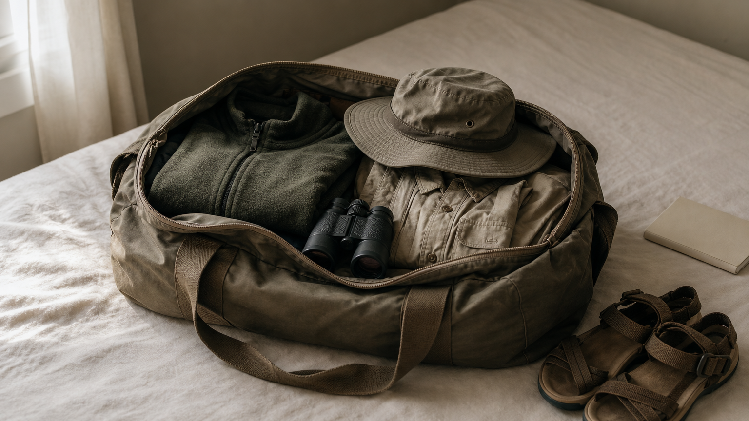 Open duffel bag packed with safari clothing, a hat and binoculars.