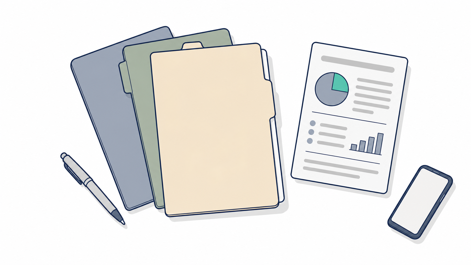 Three vendor folders on a desk with a sample report, pen and phone.