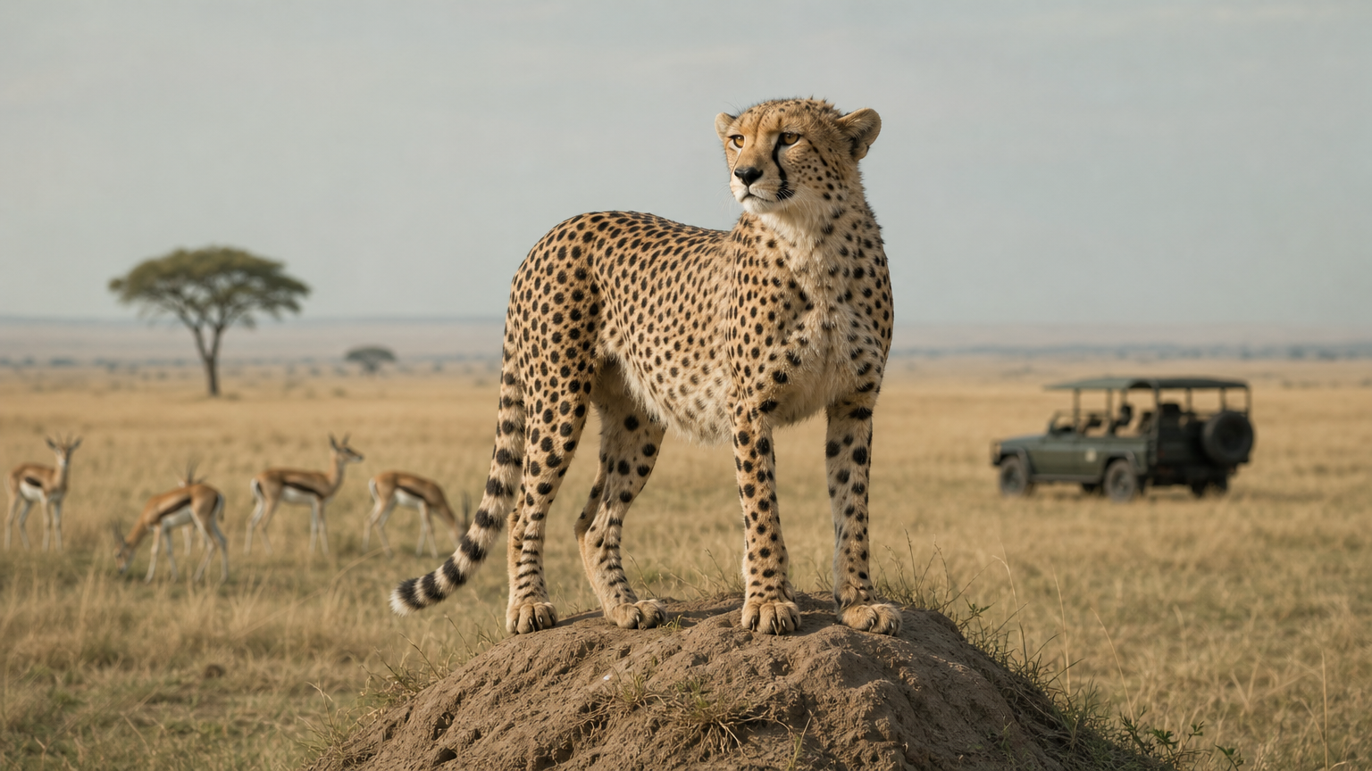 A cheetah stands on a termite mound overlooking grassland with gazelles and a distant safari vehicle.