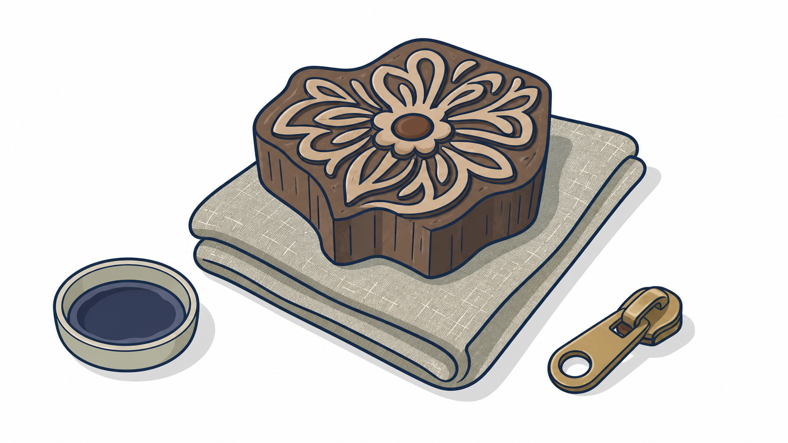 A carved wooden printing block on folded linen beside a dye dish and zipper pull.