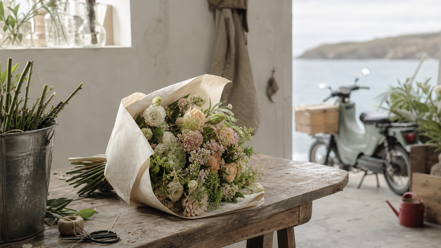 A fresh bouquet on a florist's bench with cut stems nearby and a delivery motorbike outside.
