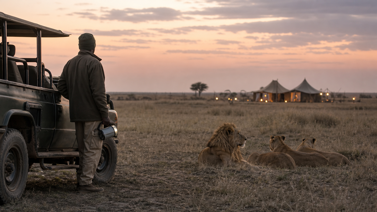 A safari vehicle with a guide and spotlight stops near resting lions near a tented camp at dusk.