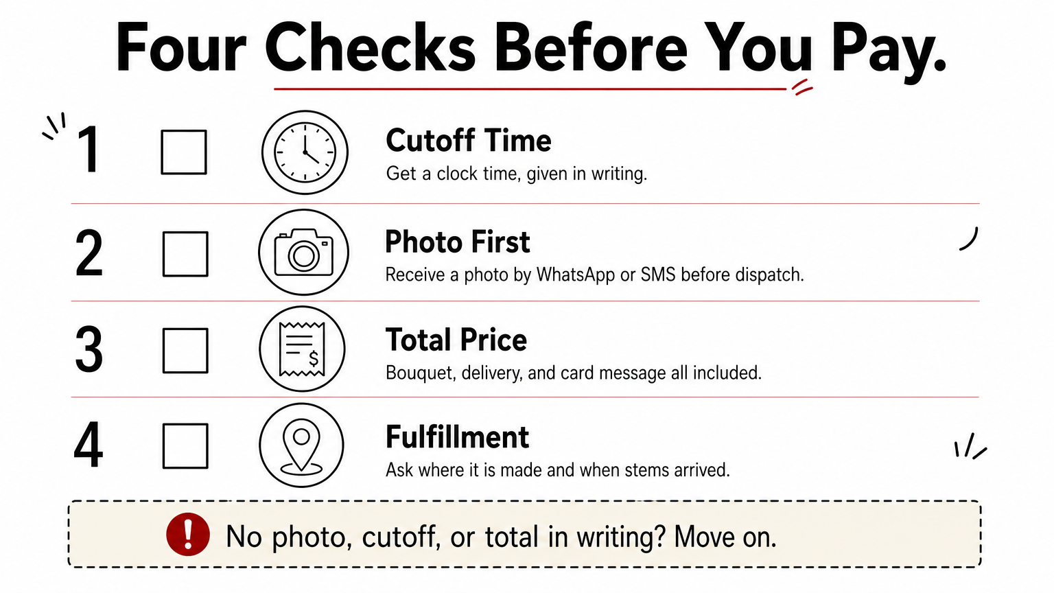Checklist of four things to confirm with a florist before paying: cutoff, photo, total price, fulfillment.
