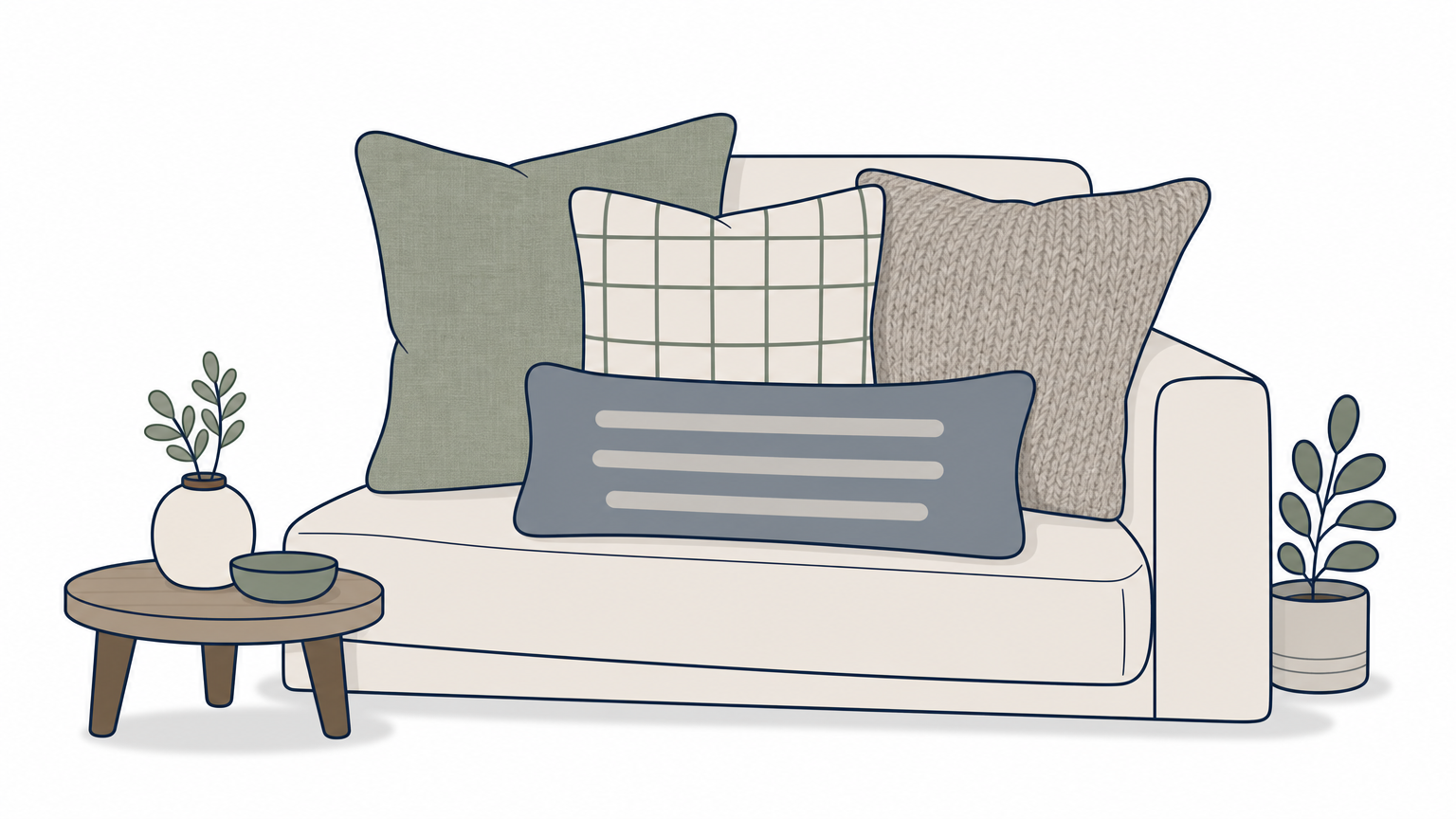Three square pillows in solid, patterned, and wool textures on a sofa with a lumbar pillow in front.